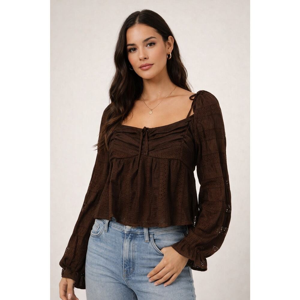 La Peche Womens XL NWT Long Sleeve Crop Top Brown Lacy